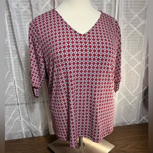 Liz Claiborne 2X Red and White Geometric Print Women's Top V neck 3/4 L sleeve